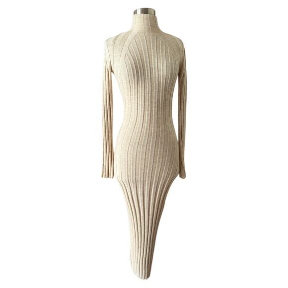 Anine Bing Shawn Ribbed Knit Midi Dress Sweater Wool Long Sleeve Oatmeal XS EUC - Picture 2 of 10